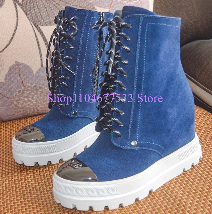 Blue Denim Platform Woman Ankle Boots Fashion 10cm Increasing Wedge Heel Lady Short Boots Female Jeans Casual Shoes