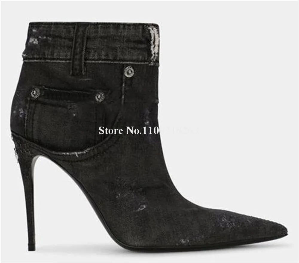 Western Fashion Blue Black Denim Short Boots Pointed Toe Sexy Slip-on Stiletto Heel Jean Ankle Booties Casual High Heels