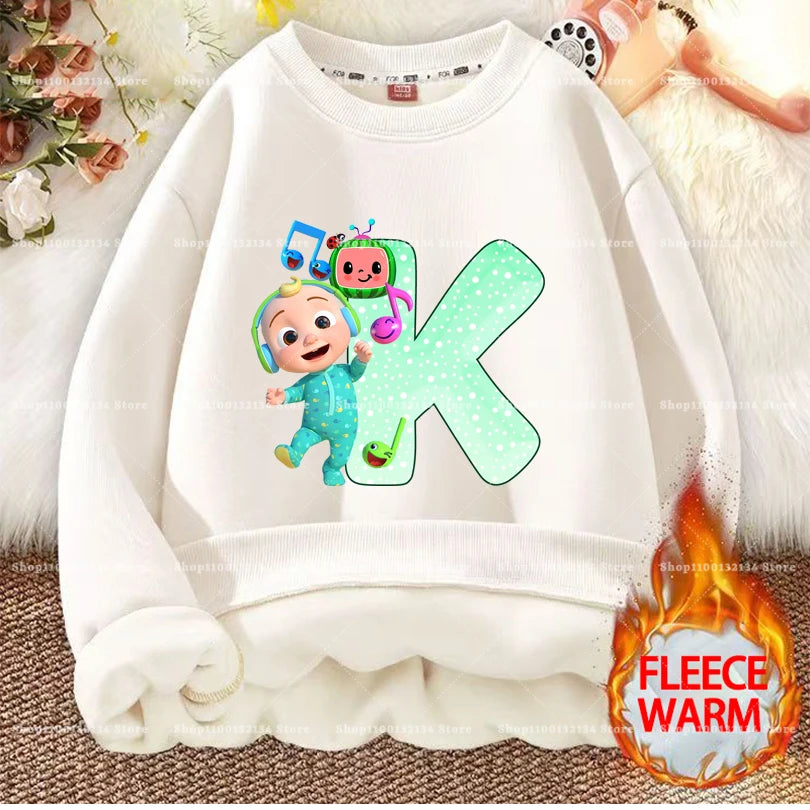 Cocomelons Kids Sweatshirts Anime Printed Letter A-Z Pullovers with Fleece Hoodies Boys Girls Children Crew Neck Clothes Gift