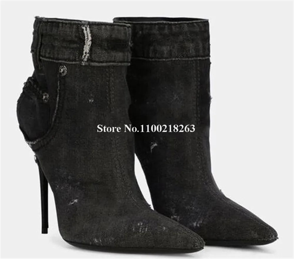 Western Fashion Blue Black Denim Short Boots Pointed Toe Sexy Slip-on Stiletto Heel Jean Ankle Booties Casual High Heels