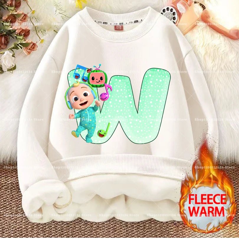 Cocomelons Kids Sweatshirts Anime Printed Letter A-Z Pullovers with Fleece Hoodies Boys Girls Children Crew Neck Clothes Gift