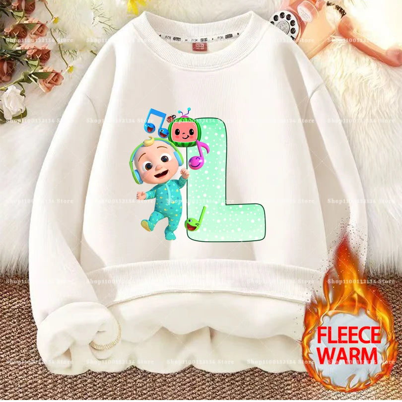 Cocomelons Kids Sweatshirts Anime Printed Letter A-Z Pullovers with Fleece Hoodies Boys Girls Children Crew Neck Clothes Gift