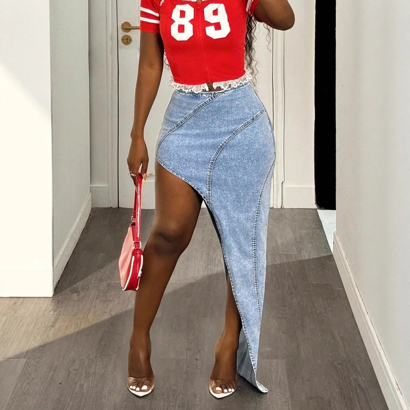 Denim Irregular Skirt Women High Waist Stretch Distressed Washed Zipper Mom Jeans Sexy Club Vintage Long Skirts 2025 Streetwear