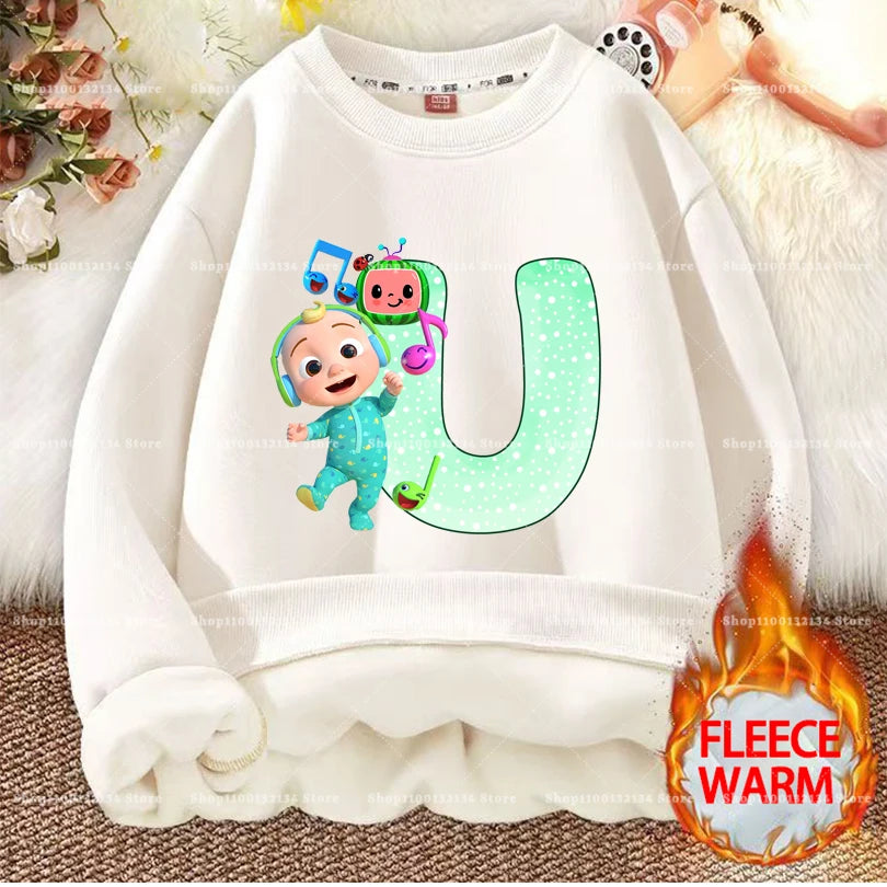 Cocomelons Kids Sweatshirts Anime Printed Letter A-Z Pullovers with Fleece Hoodies Boys Girls Children Crew Neck Clothes Gift