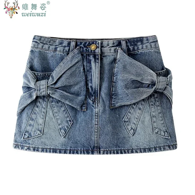 Elegant Women's High Waist Denim Short Skirt Kawaii Bows Sexy Party Mini Jean Skirts Slim Streetwear Y2K Skirt Summer Streetwear
