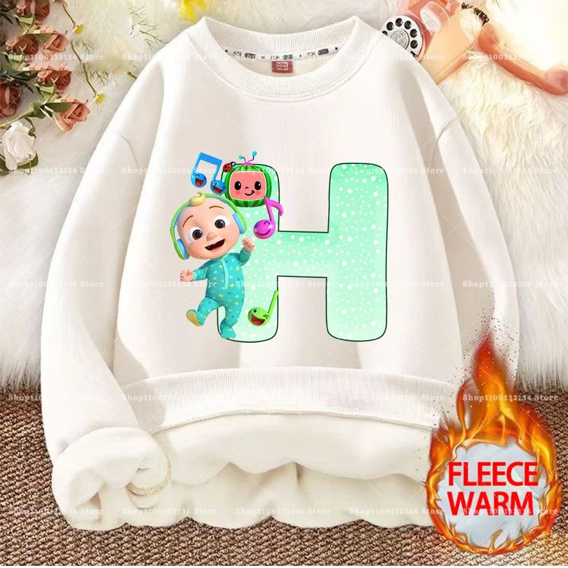Cocomelons Kids Sweatshirts Anime Printed Letter A-Z Pullovers with Fleece Hoodies Boys Girls Children Crew Neck Clothes Gift