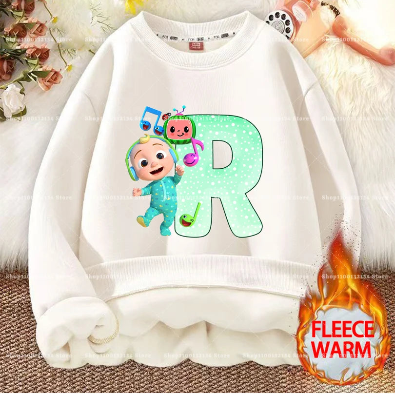 Cocomelons Kids Sweatshirts Anime Printed Letter A-Z Pullovers with Fleece Hoodies Boys Girls Children Crew Neck Clothes Gift