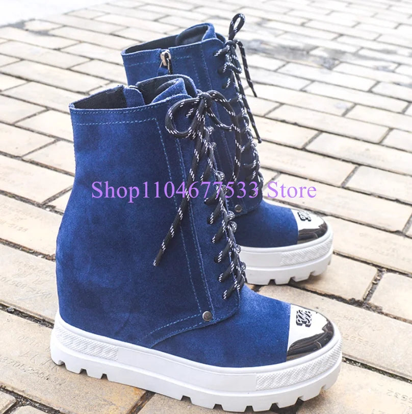 Blue Denim Platform Woman Ankle Boots Fashion 10cm Increasing Wedge Heel Lady Short Boots Female Jeans Casual Shoes