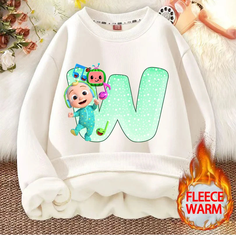Cocomelons Kids Sweatshirts Anime Printed Letter A-Z Pullovers with Fleece Hoodies Boys Girls Children Crew Neck Clothes Gift