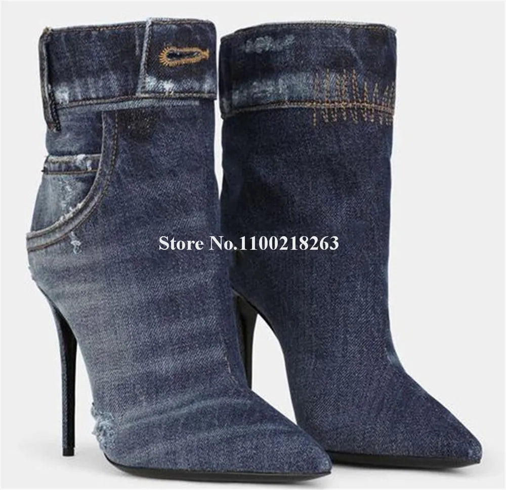 Western Fashion Blue Black Denim Short Boots Pointed Toe Sexy Slip-on Stiletto Heel Jean Ankle Booties Casual High Heels
