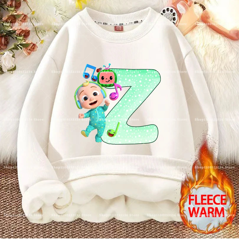 Cocomelons Kids Sweatshirts Anime Printed Letter A-Z Pullovers with Fleece Hoodies Boys Girls Children Crew Neck Clothes Gift