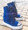 Blue Denim Platform Woman Ankle Boots Fashion 10cm Increasing Wedge Heel Lady Short Boots Female Jeans Casual Shoes