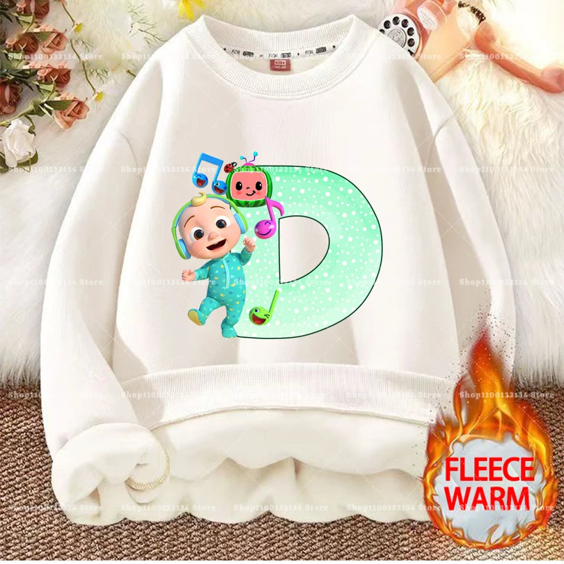Cocomelons Kids Sweatshirts Anime Printed Letter A-Z Pullovers with Fleece Hoodies Boys Girls Children Crew Neck Clothes Gift