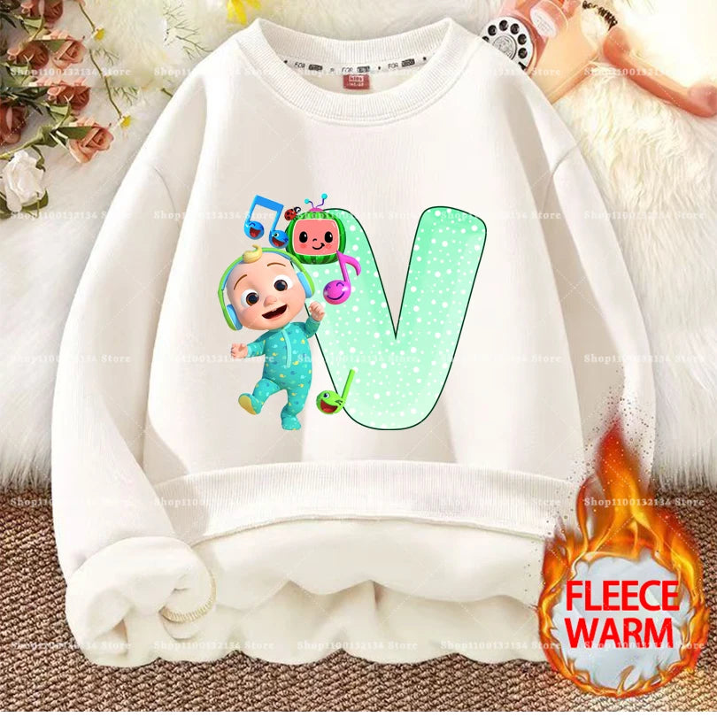 Cocomelons Kids Sweatshirts Anime Printed Letter A-Z Pullovers with Fleece Hoodies Boys Girls Children Crew Neck Clothes Gift