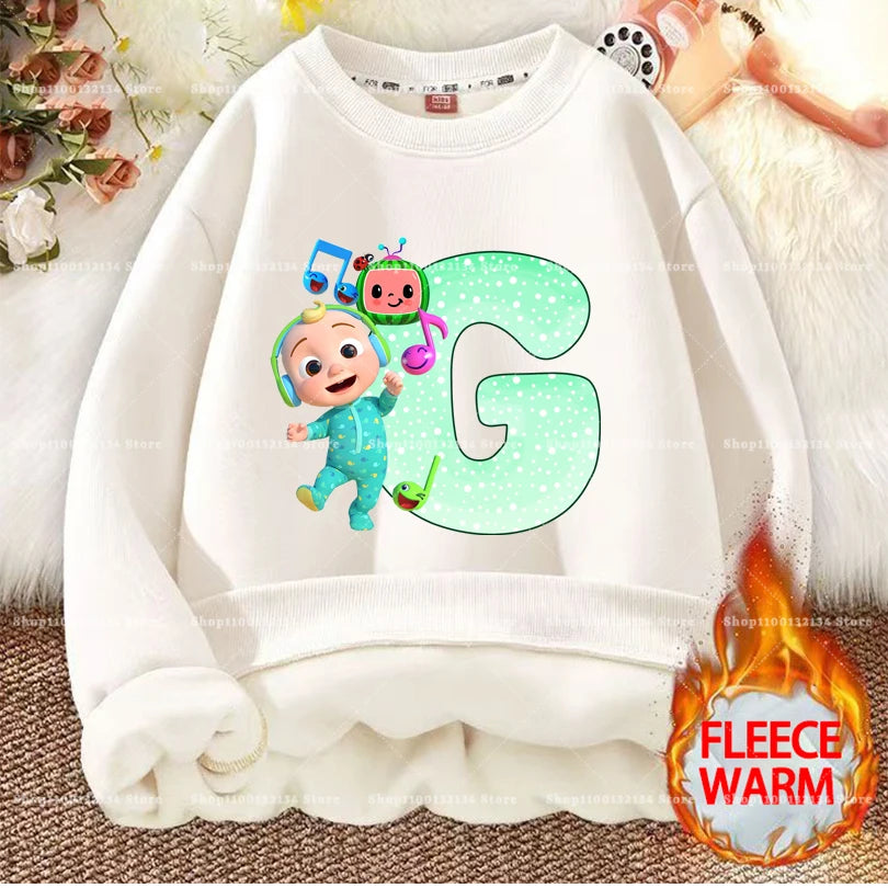 Cocomelons Kids Sweatshirts Anime Printed Letter A-Z Pullovers with Fleece Hoodies Boys Girls Children Crew Neck Clothes Gift