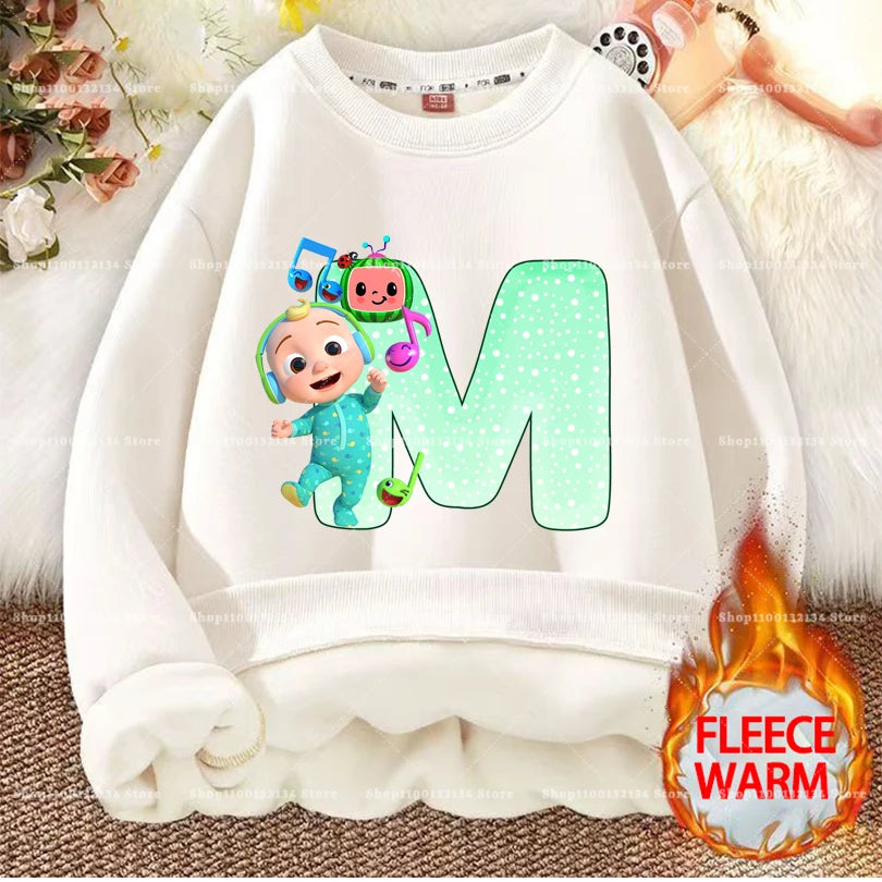 Cocomelons Kids Sweatshirts Anime Printed Letter A-Z Pullovers with Fleece Hoodies Boys Girls Children Crew Neck Clothes Gift