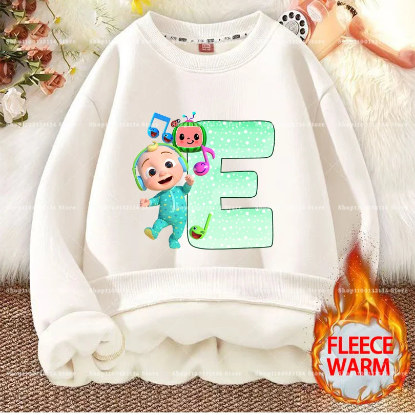 Cocomelons Kids Sweatshirts Anime Printed Letter A-Z Pullovers with Fleece Hoodies Boys Girls Children Crew Neck Clothes Gift