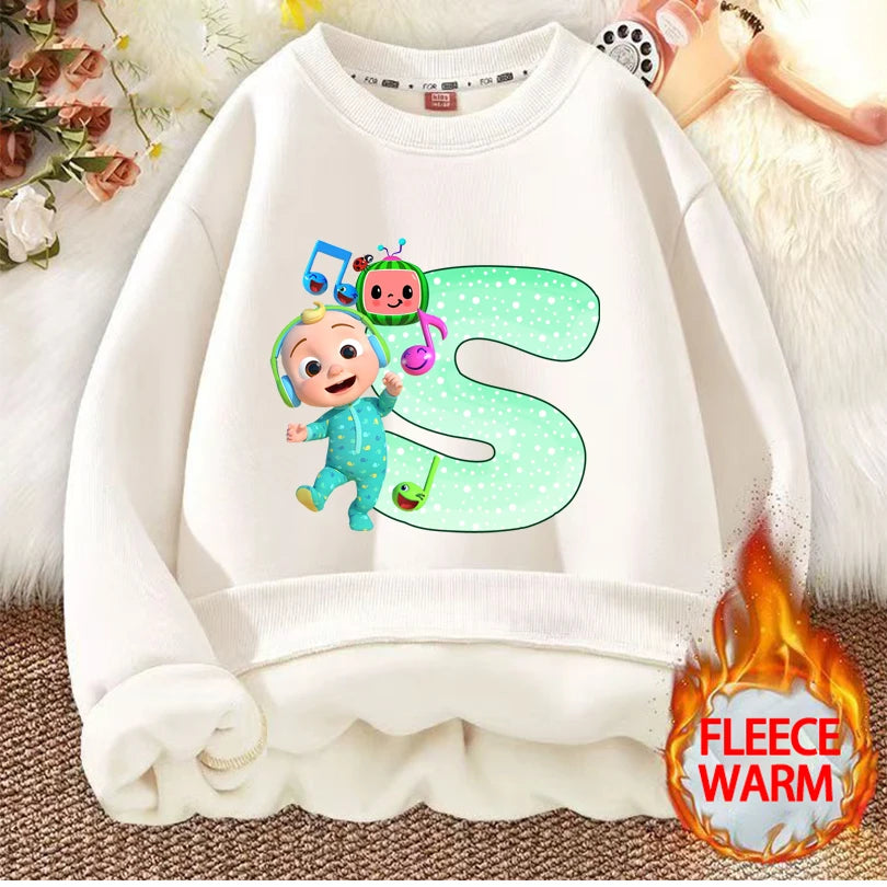 Cocomelons Kids Sweatshirts Anime Printed Letter A-Z Pullovers with Fleece Hoodies Boys Girls Children Crew Neck Clothes Gift